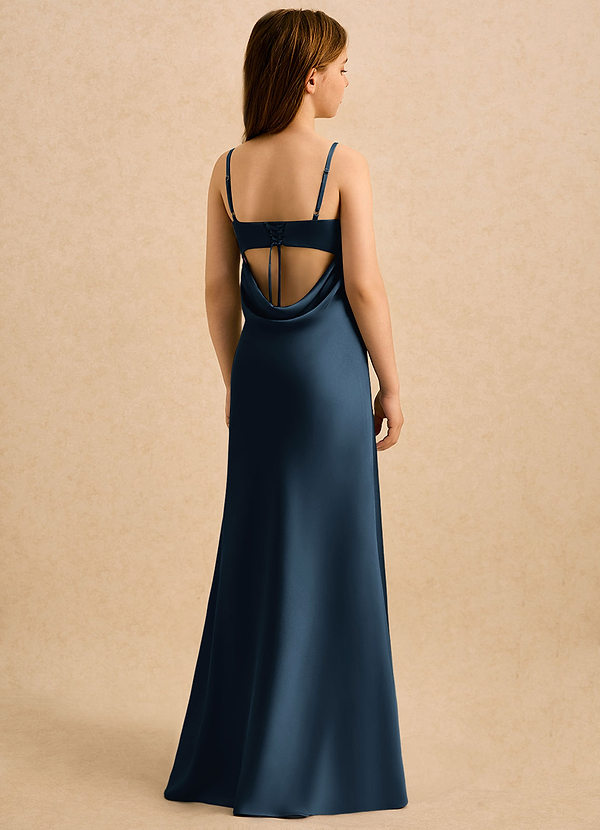Azazie Mirabella Girls Formal Vestidos de arras Vestido Azul Marino Oscuro de Satén Elástico de Recto con Escote corazón image1