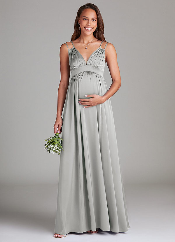 Azazie Emree Maternity Bridesmaid Dresses A-Line Stretch Satin Floor-Length Dress with Pockets image1