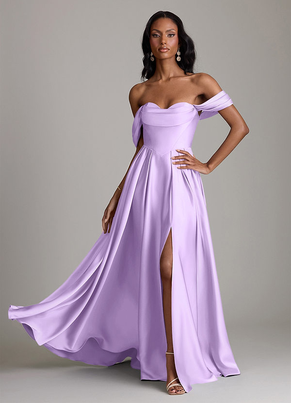 Azazie Loisa Abiti da Damigella Abito A-Line in Raso Elasticizzato a Spalla Scoperta Lilla image1