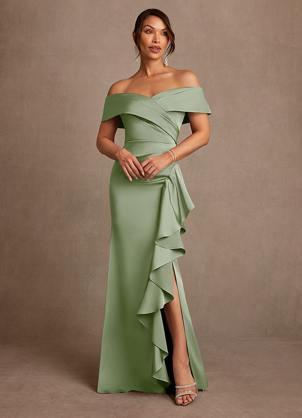 Azazie Kirsty Mother of the Brides Dresses Dusty Sage Sheath Off the Shoulder Stretch Satin Dress image1