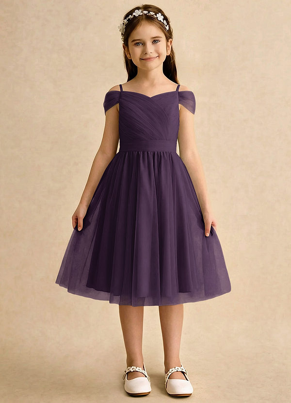 Azazie Lila Girls Formal Sukienki dla dziewczynek sypiących kwiaty Linia A Zza ramienia Tiul Długość do kolan Sukienka image1