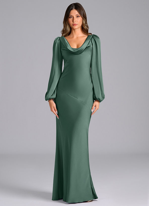 Azazie Rylina Robes Demoiselle d'honneur Robe Sirène en Satin extensible Manche longue Eucalyptus image1