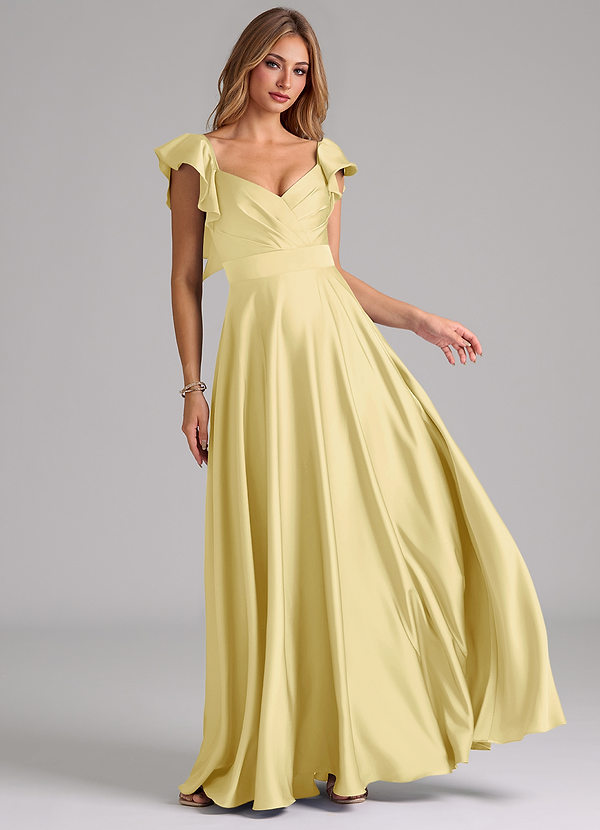 Azazie Leilani Bridesmaid Dresses Lemon Sorbet A-Line Ruched Stretch Satin Dress image1