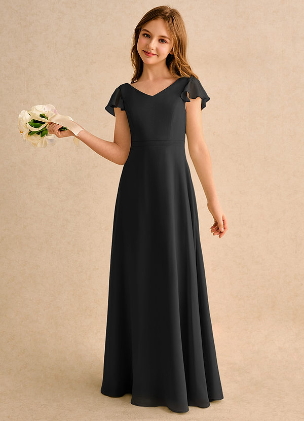 Azazie Nari Girls Formal Blumenkinder Kleider A-Linie mit ärmel Chiffon Kleid Schwarz image1