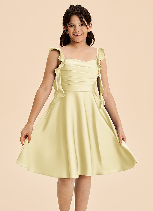 Azazie Kira Junior Vestido Sorbete De Limón de Satén Elástico de Corte en A con Drapeado image1