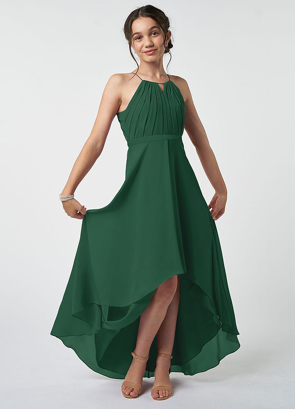 Azazie Oaklynn Junior Robe Trapèze en Mousseline de soie Plissée Vert Foncé image1