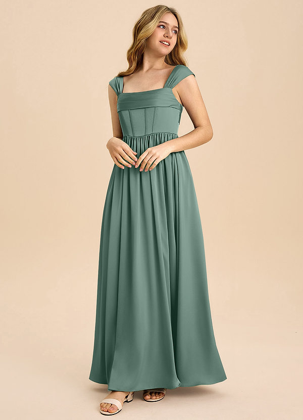 Azazie Hattie Junior Eucalyptus A-Line Pleated Stretch Satin Dress image1