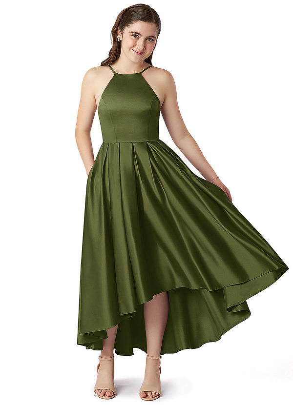 Azazie Jemima Junior Olive A-Line with Pockets Stretch Satin Dress image1