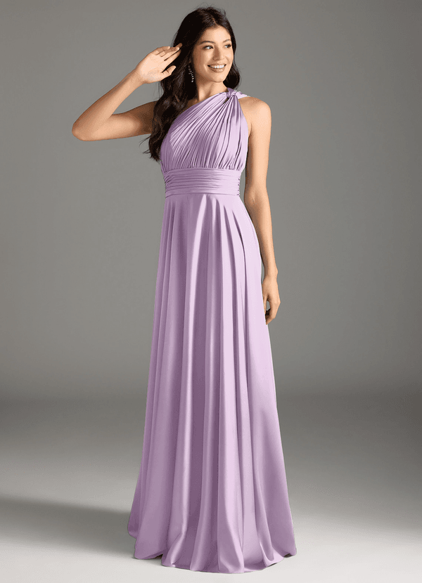 Azazie Charlize Bridesmaid Dresses Frosted Lilac A-Line One Shoulder Stretch Satin Dress image1