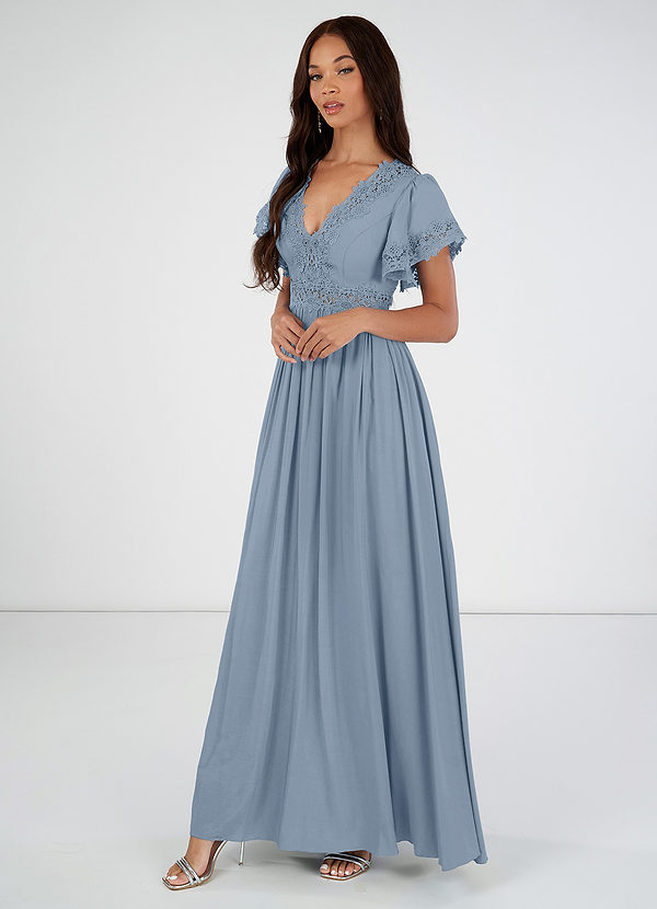 Azazie Tulum Robes de demoiselle d'honneur Robe A-ligne en Viscose Dentelle Bleu Poussiéreux image1