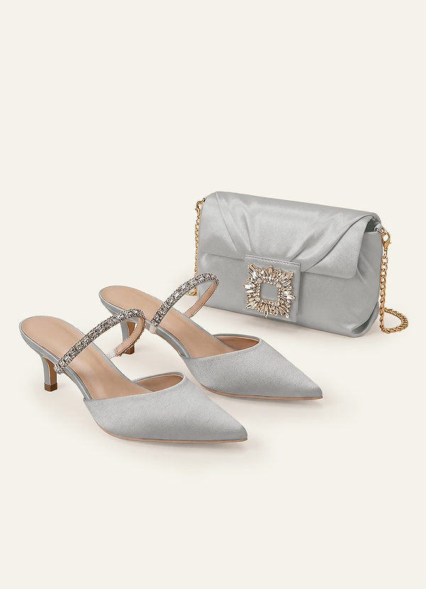 front Matching Color Stretch Satin Rhinestone Slip-on Kitten Heels & Clutch Set