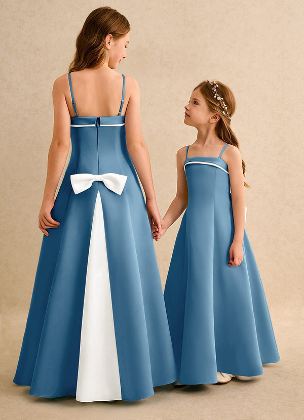 Azazie Izel Girls Formal Flower Girl Dresses Ivory Steel Blue A-Line Pleated Matte Satin Dress image1