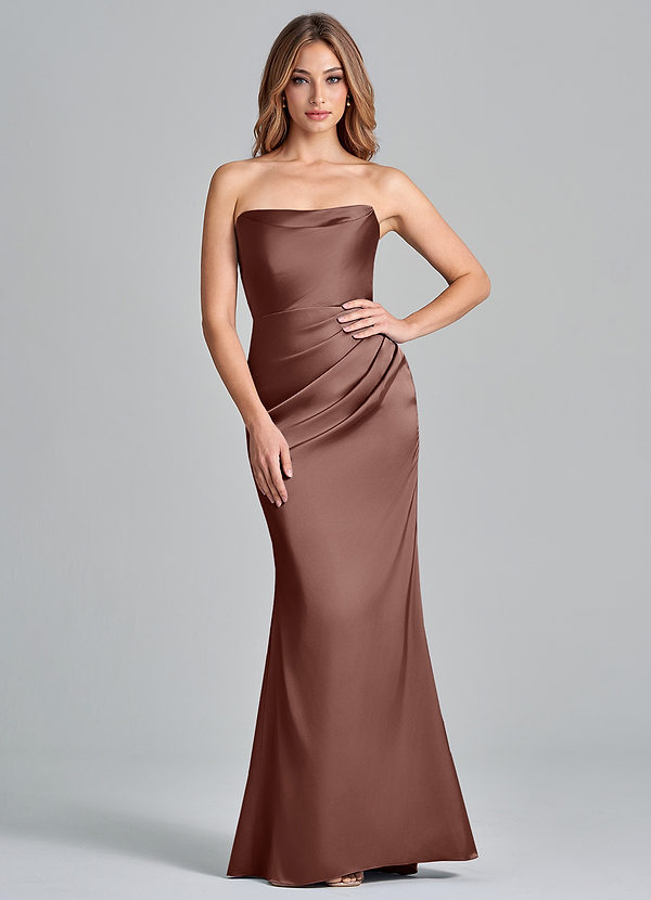 Azazie Olea 신부 들러리 드레스 인어 스트랩리스 스트레치 새틴 바닥 길이 드레스 image1