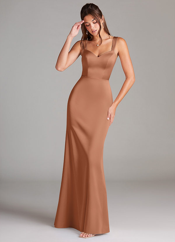 Azazie Denice Robes Demoiselle d'honneur Robe Fourreau en Satin extensible Plissée Bronze image1
