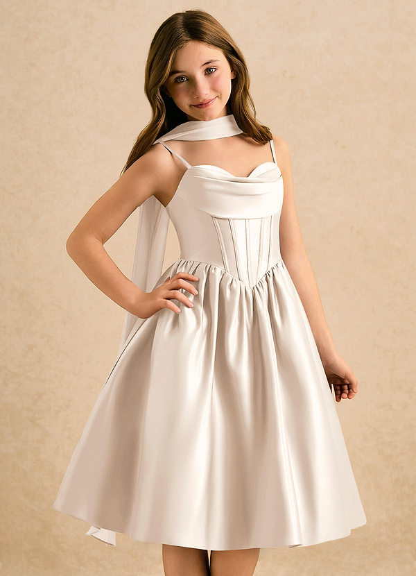 Azazie Shona Girls Formal Bloemenmeisjes Jurken A-Lijn Jurk van Mat Satijn Sweetheart Halslijn Wit Albast image1