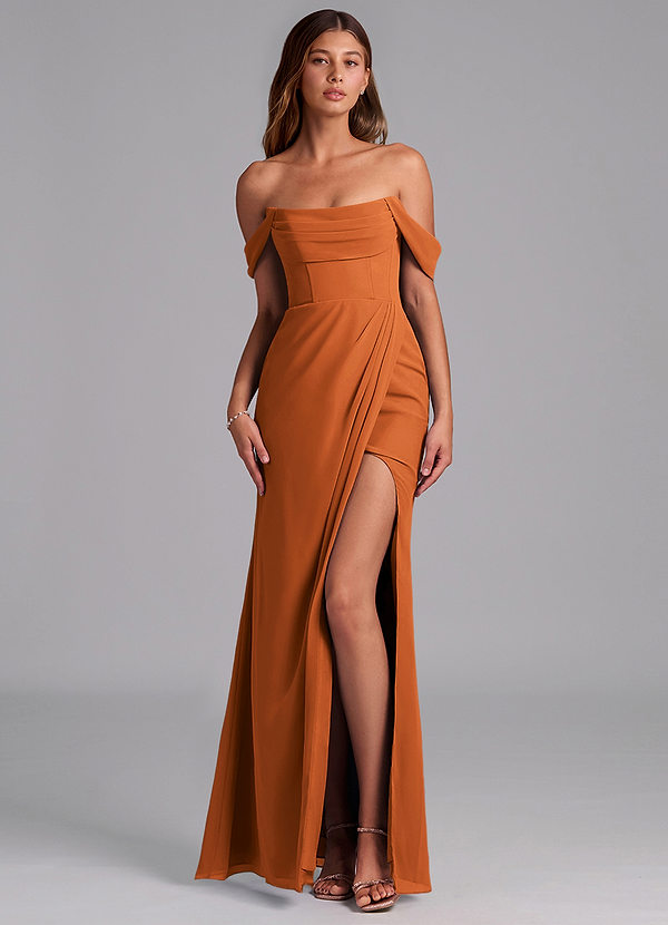 Azazie Johana Bruidsmeisjes Jurken Converteerbaar Jurk van Chiffon met Zeemeermin Off the Shoulder Kaneel image1