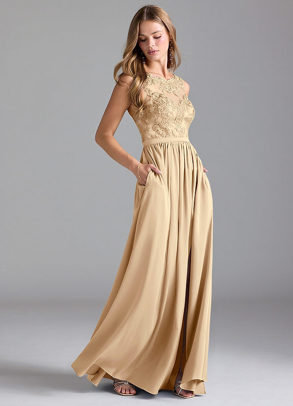 Azazie Elly Brautjungfernkleider A-Linie Spitze Stretch-Satin Kleid Champagner image1