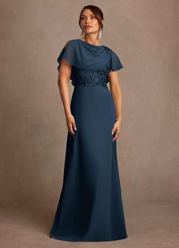 Azazie Frieda Vestidos para la madre de la novia Vestido Azul Marino Oscuro de Gasa de Corte en A con Aplique image1