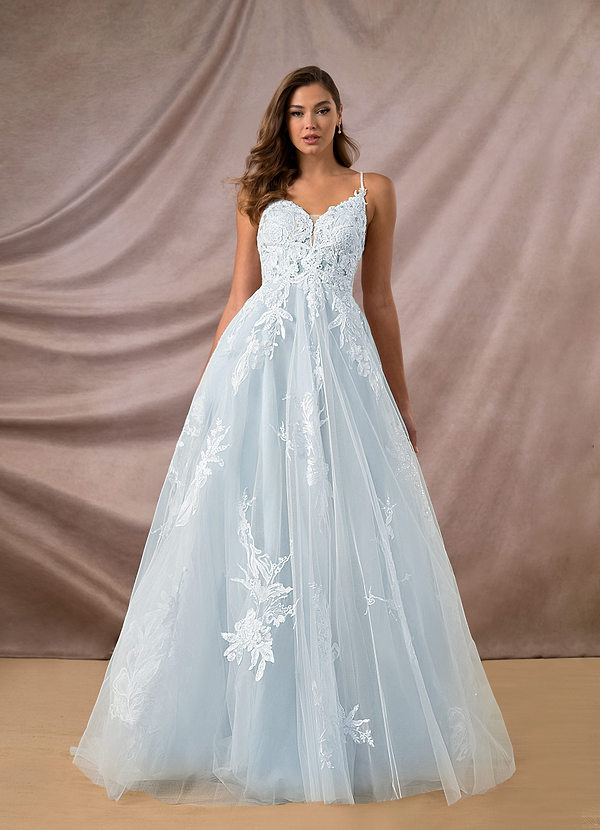 Azazie Lorenza Wedding Dresses A-Line V-Neck Sequins Tulle Chapel Train Dress image1