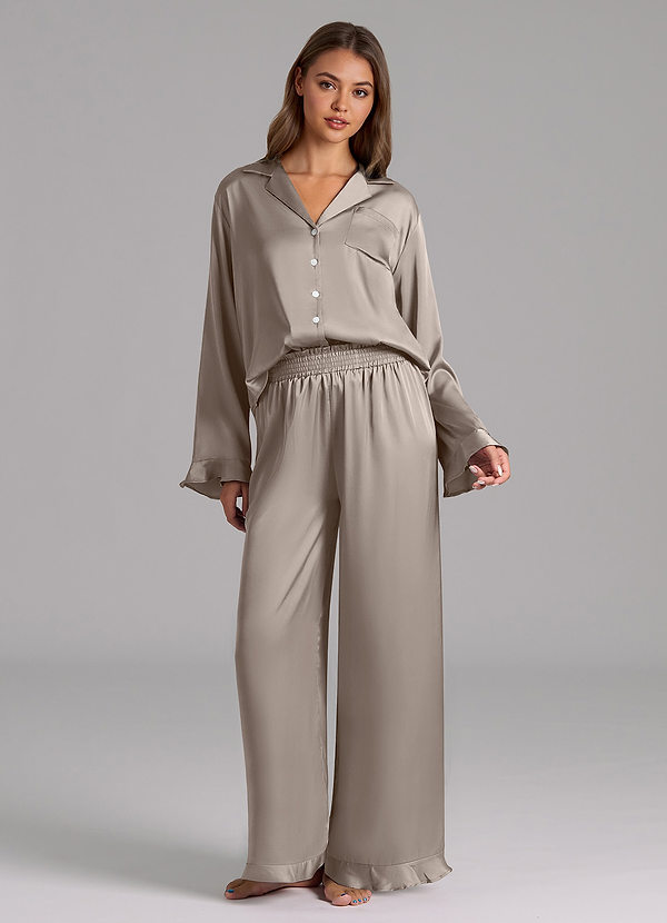 front Taupe Ruffled Satin Long Sleeve Pajama Set