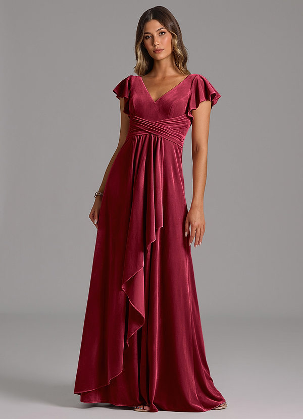 Azazie Omari Bridesmaid Dresses Burgundy A-Line Pleated Velvet Dress image1