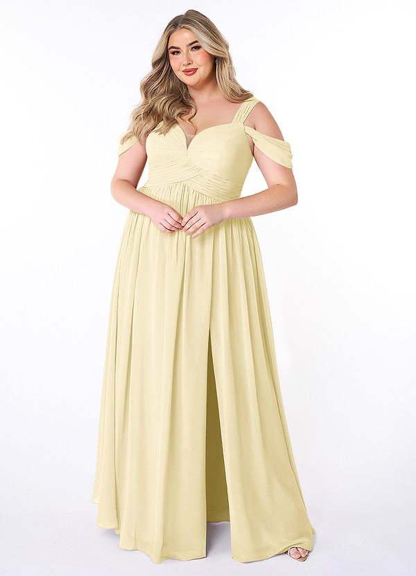 Azazie Lianne Robes de demoiselle d'honneur Robe Trapèze en Mousseline de soie Épaule décolletée Sorbet Citron image1