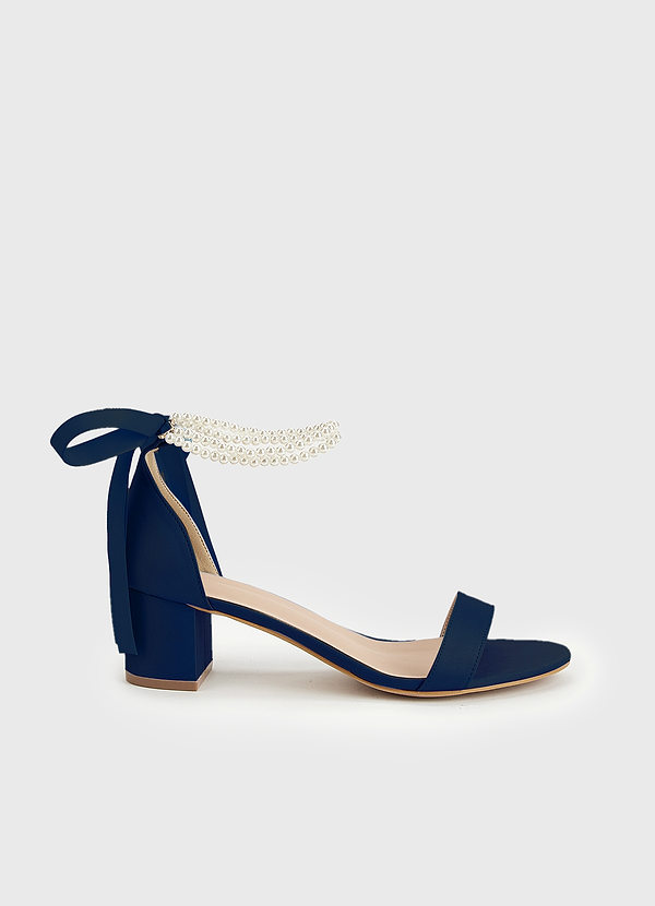 front Matching Color Matte Satin Pearl and Bow Open Toe Chunky Heel Sandals