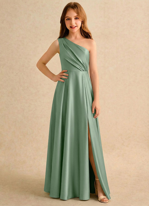 Azazie Puddles Girls Formal Robes de Fillette d'Honneur Robe Trapèze en Satin extensible Une épaule Matcha image1