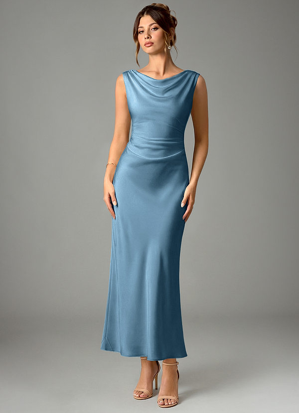 Azazie Kieryn Bridesmaid Dresses Steel Blue Mermaid Pleated Stretch Satin Dress image1