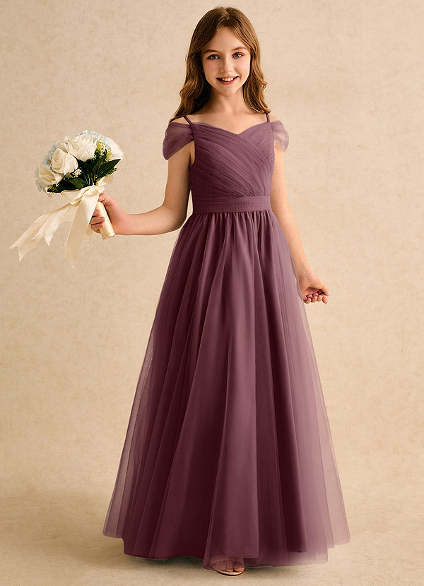 Azazie Yuna Girls Formal Abiti da Ragazza di Fiori Abito A-Line in Tulle a Spalla Scoperta Sangria image1