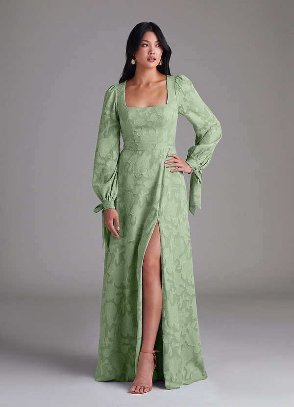 Azazie Leonia Brautjungfernkleider A-Linie Langarm Blumen-Burnout Kleid Staubiger Salbeigrün image1