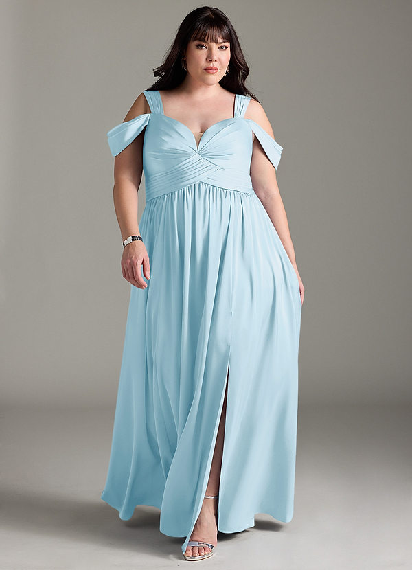 Azazie Lianne Robes de demoiselle d'honneur Robe Trapèze en Satin extensible Épaule décolletée Bleu Ciel image1