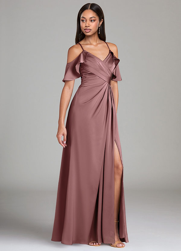 Azazie Dakota Bridesmaid Dresses Vintage Mauve A-Line Off the Shoulder Stretch Satin Dress image1
