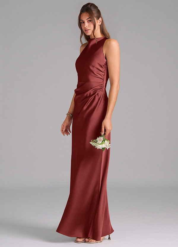 Azazie Evadne Bridesmaid Dresses Terracotta Sheath Pleated Stretch Satin Dress image1