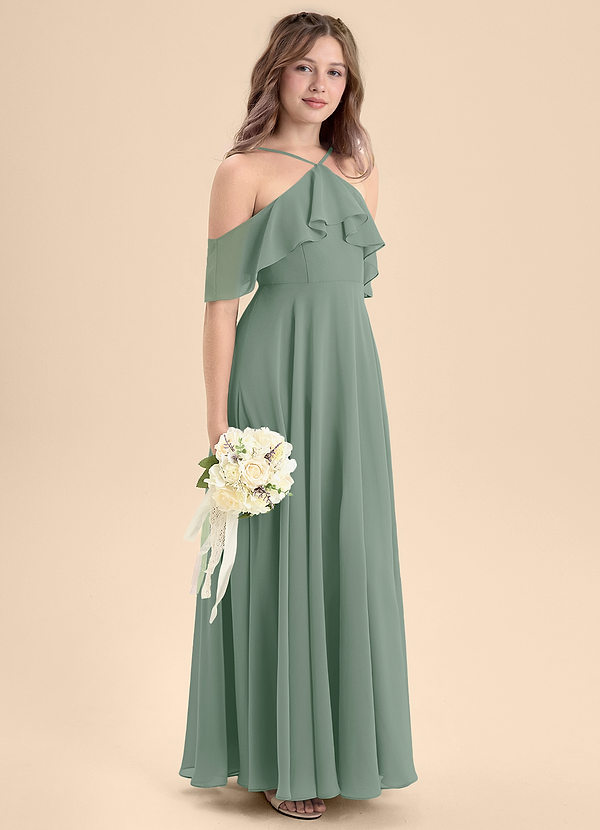 Azazie Tessabelle Junior Vestido de Salvia Plateada de Gasa de Corte en A con Vestidos sin tirantes image1