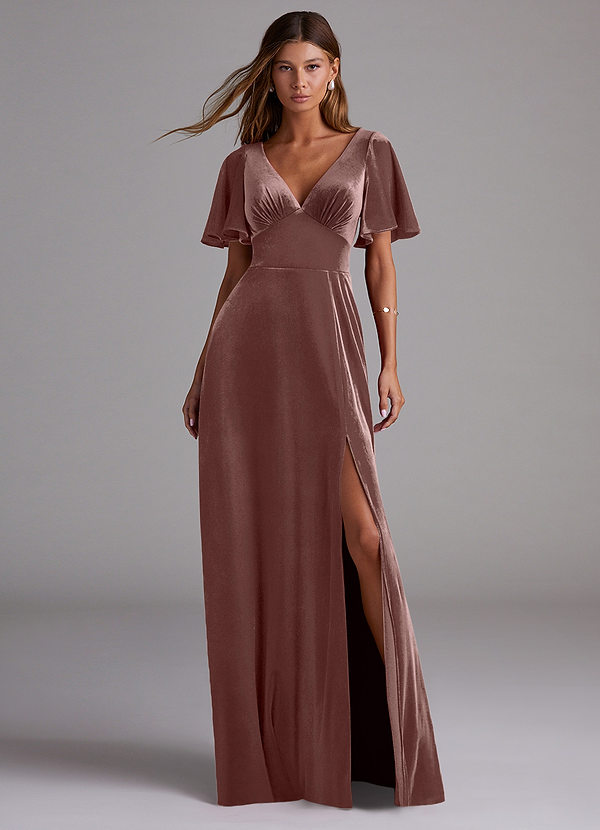 Azazie Kimber Bridesmaid Dresses Espresso A-Line with Pockets Velvet Dress image1