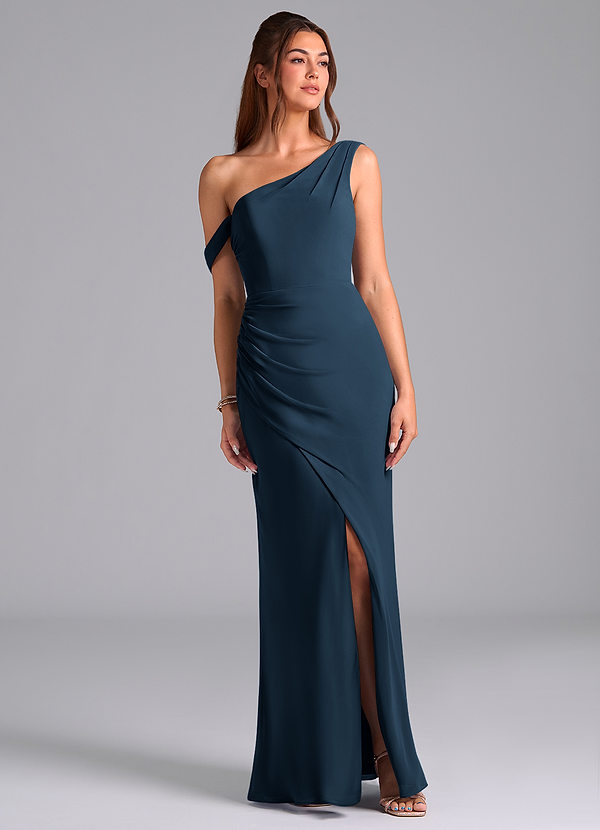 Azazie Madelyn Bridesmaid Dresses Dark Navy Mermaid One Shoulder Chiffon Convertible Dress image1