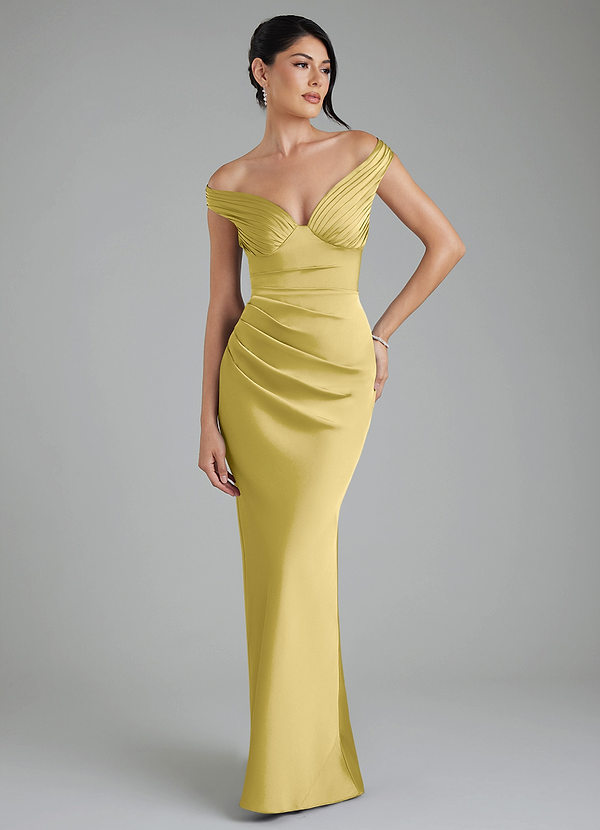 Azazie Stella Bridesmaid Dresses Canary Sheath Corset Stretch Satin Convertible Dress image1