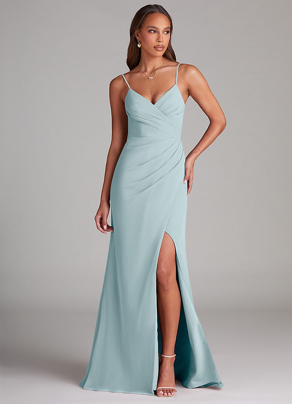 Azazie Maci Bridesmaid Dresses Sea Glass Sheath Pleated Chiffon Dress image1