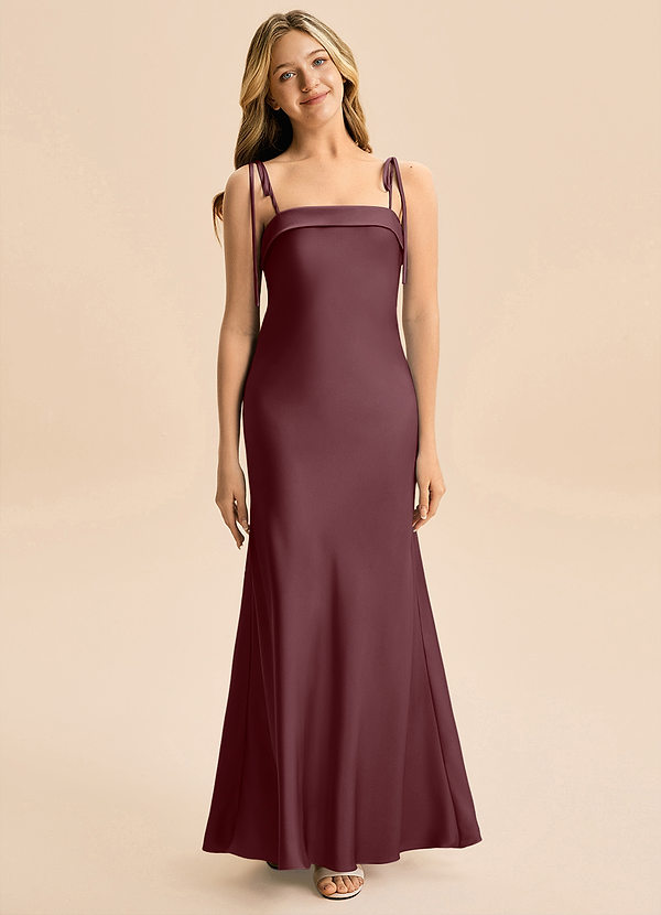 Azazie Willa Junior Vestido Sangrado de Satén Elástico de Corte Sirena con Lazo image1