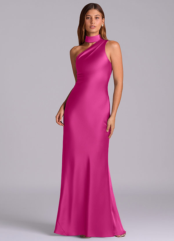 Azazie Seona Bridesmaid Dresses Fuchsia Mermaid One Shoulder Stretch Satin Dress image1
