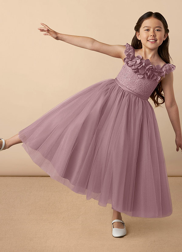 Azazie Demetra Vestidos de Niña de Flores Vestido de Rosa Polvorienta de Tul de Acampanado con Encaje image1