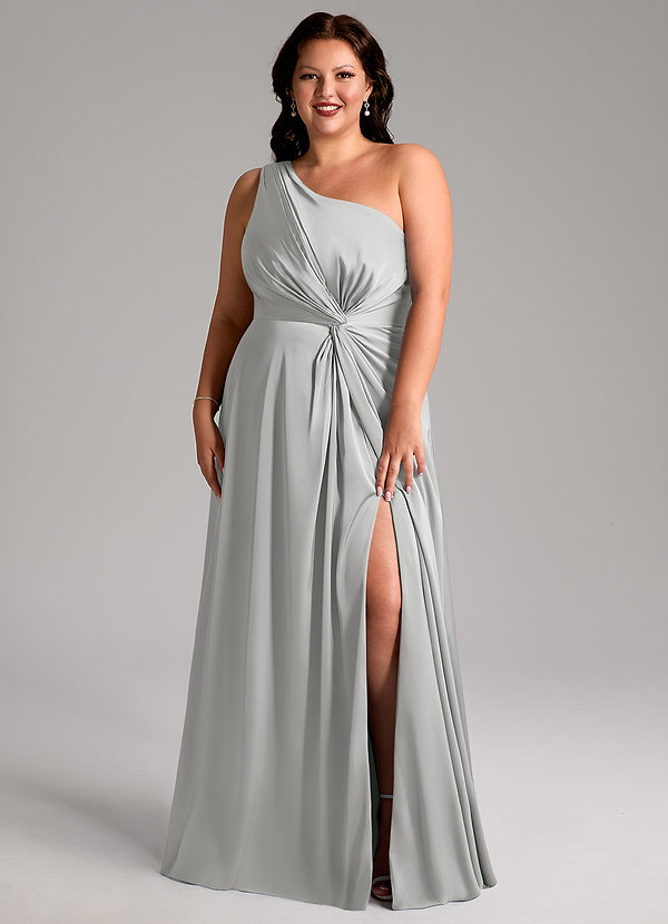 Azazie Brooke Bridesmaid Dresses Silver A-Line One Shoulder Stretch Satin Dress image1
