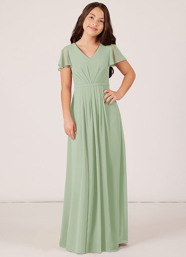 Azazie Peony Junior Dusty Sage A-Line Pleated Chiffon Dress image1