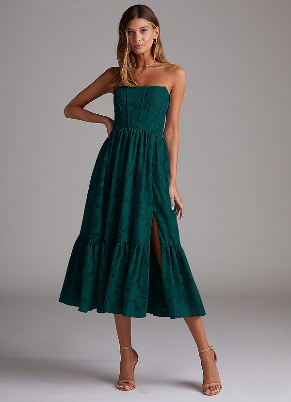 Azazie Delphina Bridesmaid Dresses Pine A-Line Strapless Floral Burnout Convertible Dress image1