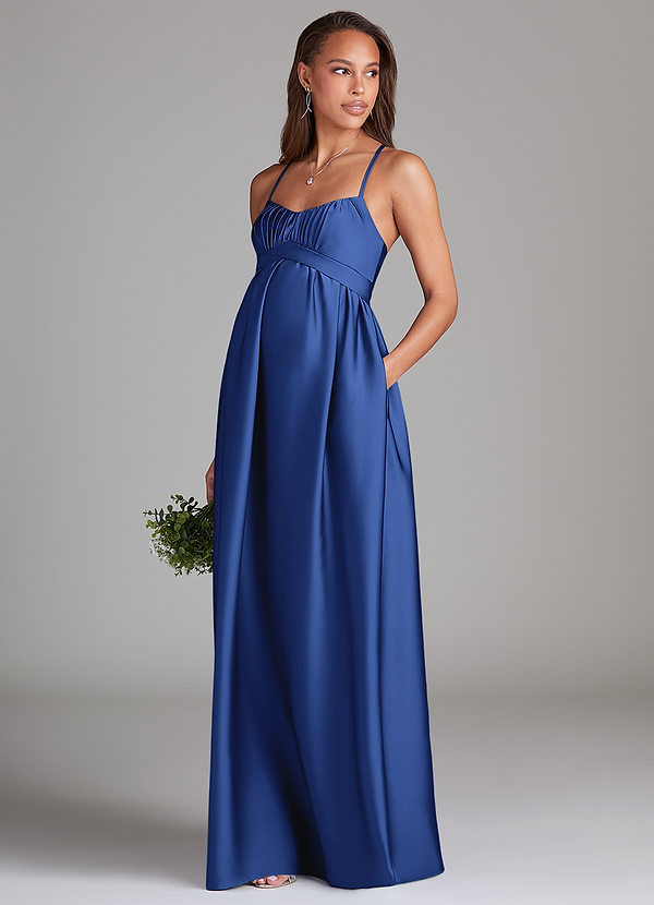 Azazie Llana Maternity Bridesmaid Dresses Vestir Linha A com bolsos Comprimento do chão Cetim elástico image1