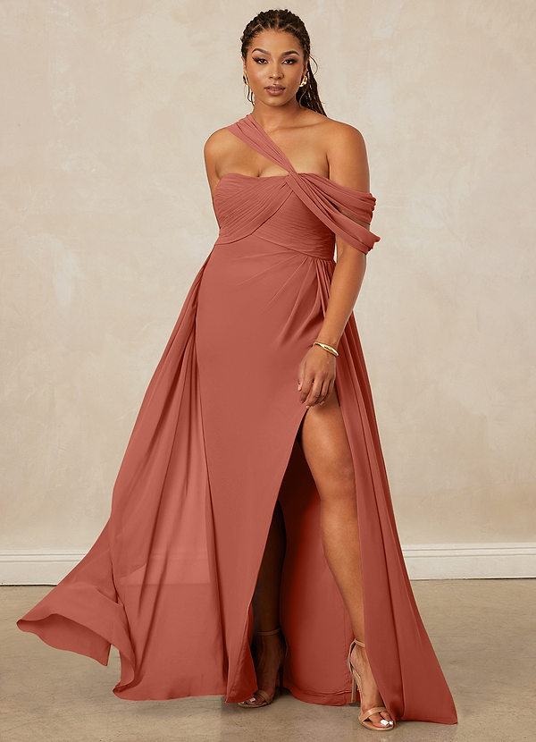 Christian Siriano Bridal for Azazie 1014 Robes Demoiselle d'honneur Robe Trapèze en Mousseline de soie Épaule décolletée Argile image1