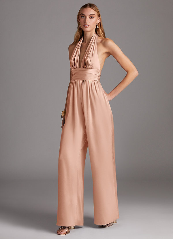 Azazie Oli Bridesmaid Dresses Rose Gold Pleated Stretch Satin Jumpsuit image1