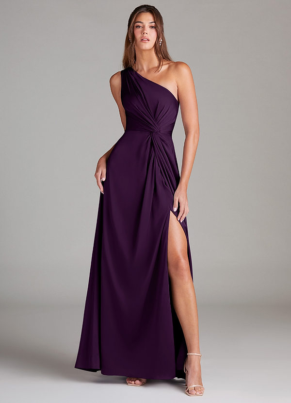 Azazie Brooke Bridesmaid Dresses Grape A-Line One Shoulder Stretch Satin Dress image1