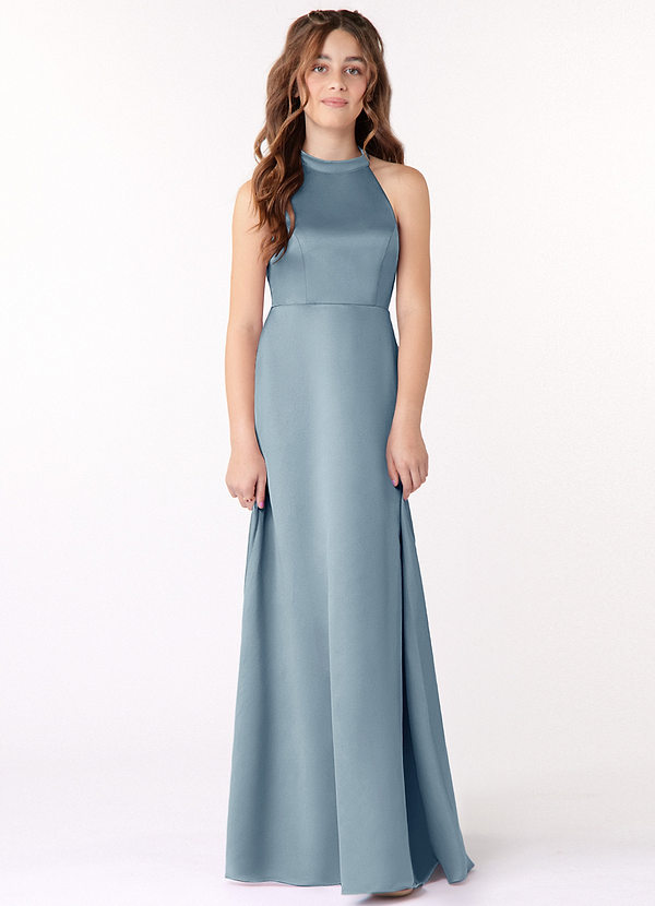 Azazie Laurel Junior Dusty Blue A-Line Stretch Satin Dress image1